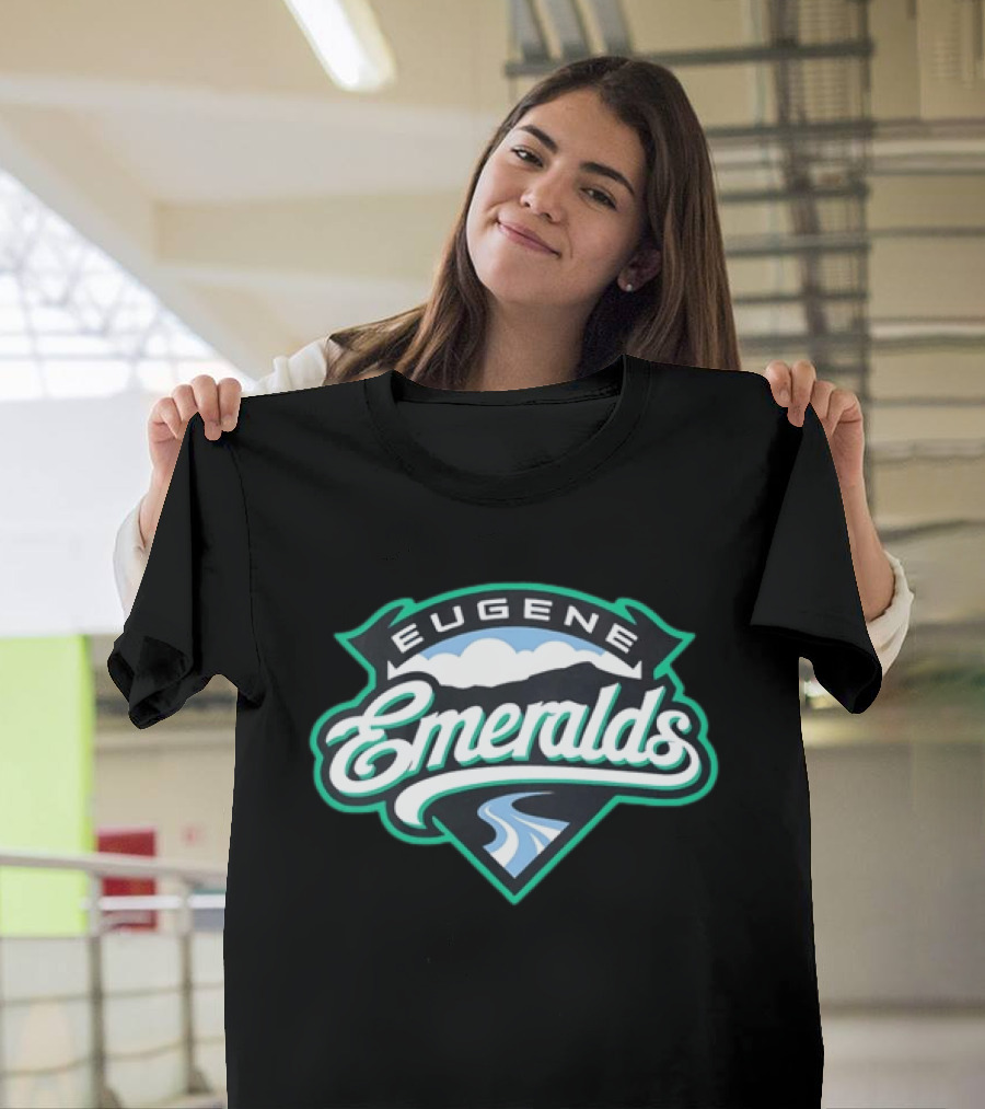 Eugene Emeralds Baseball Team Green Crest With Mountains And River Motif T-Shirt