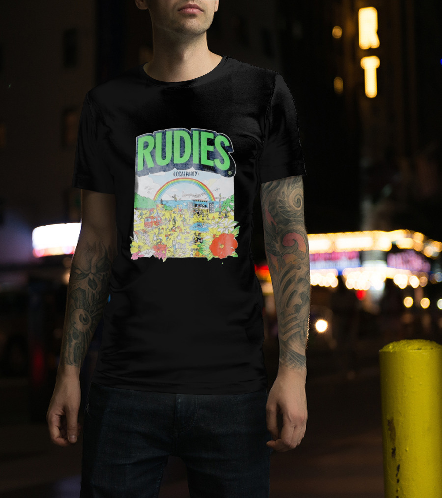 Rudie's 35th Anniversary Local Party Featuring 10 Feet G Freak Factory Dustboz Colorful Celebration With Rainbow And Flowers T-Shirt