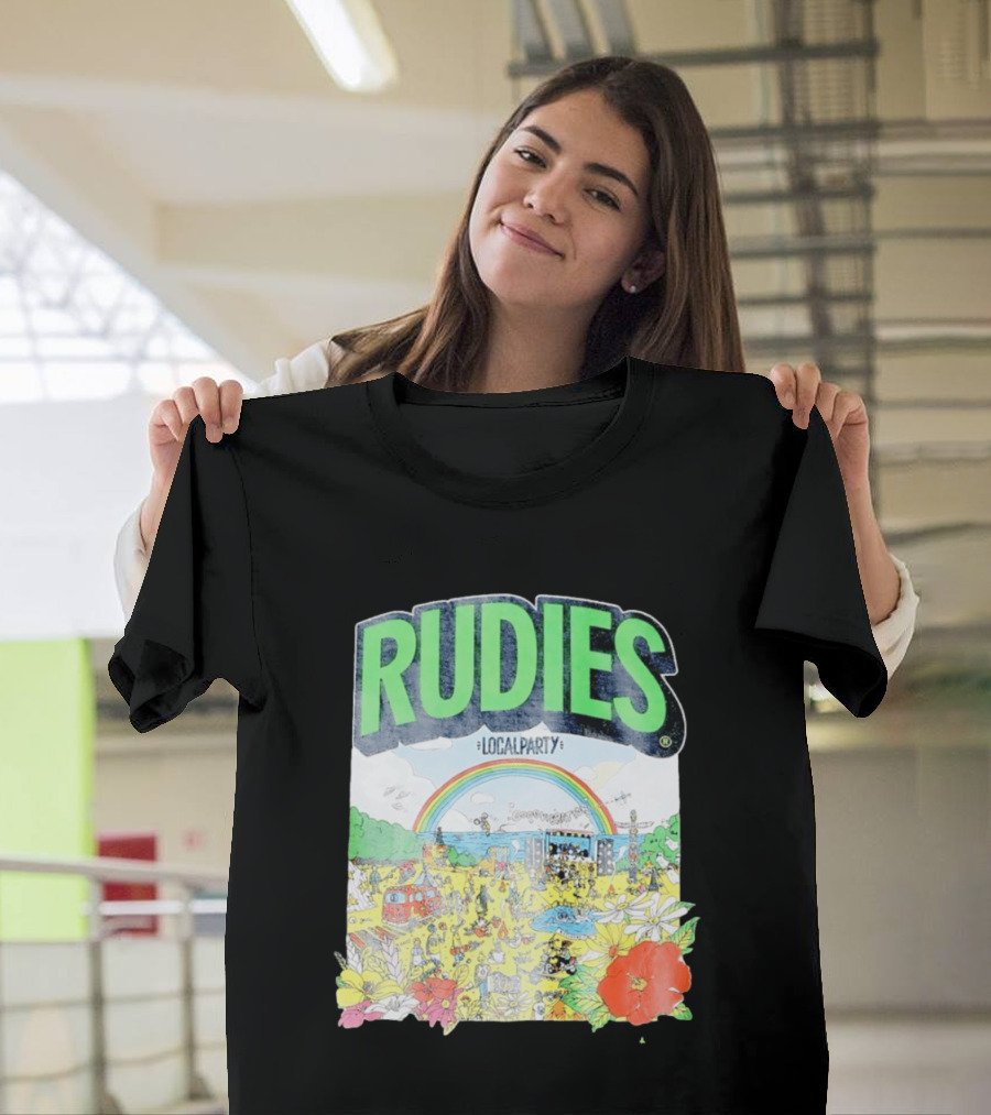 Rudie's 35th Anniversary Local Party Featuring 10 Feet G Freak Factory Dustboz Colorful Celebration With Rainbow And Flowers T-Shirt