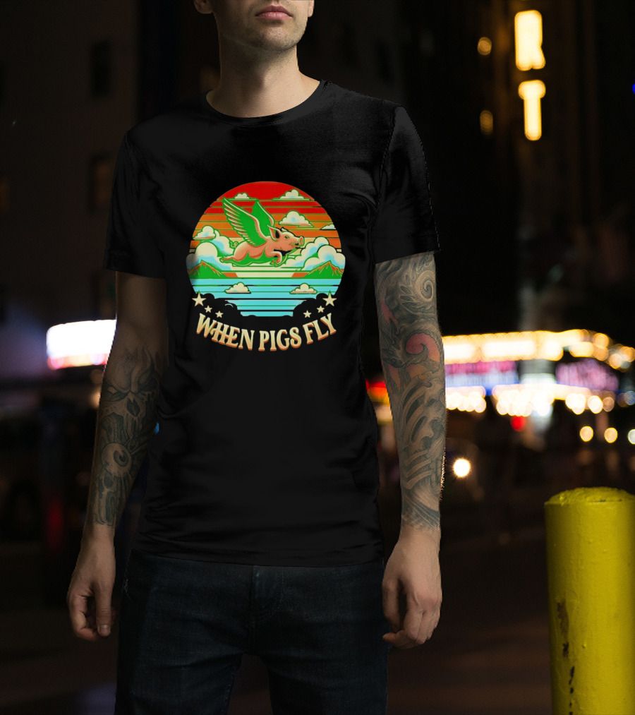 When Pigs Fly Flying Pig Whimsical Clouds And Stars T-Shirt