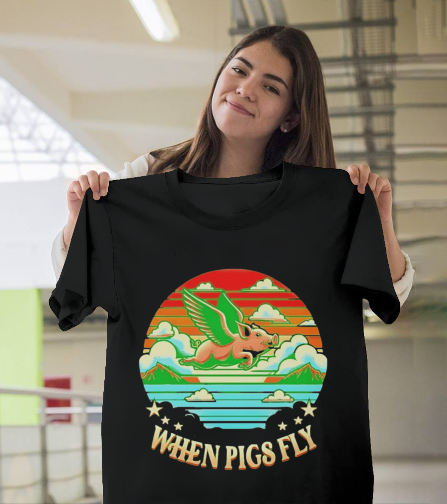 When Pigs Fly Flying Pig Whimsical Clouds And Stars T-Shirt