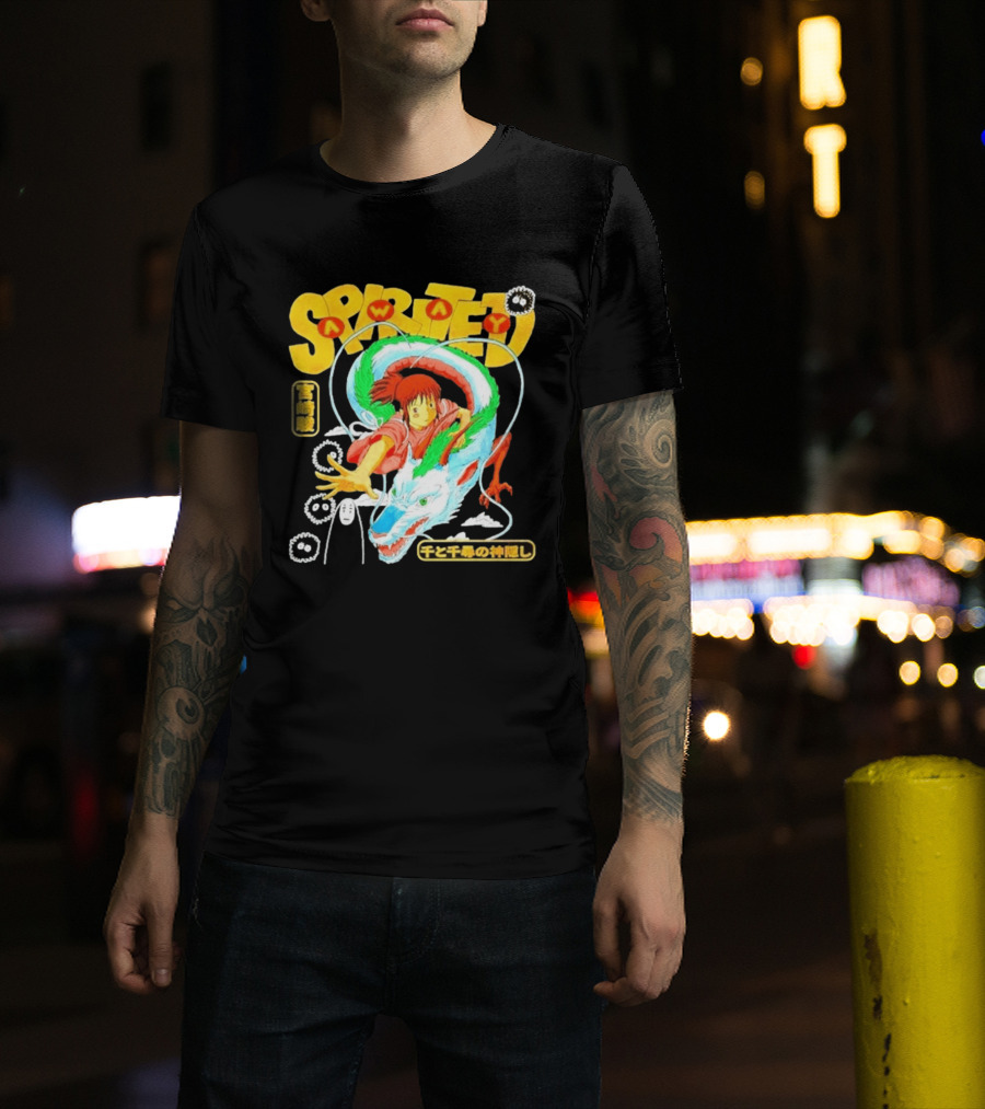 Spirited Away Chihiro Riding Haku Dragon Japanese Text No Face Soot Sprites T-Shirt
