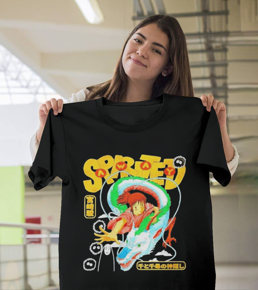 Spirited Away Chihiro Riding Haku Dragon Japanese Text No Face Soot Sprites T-Shirt