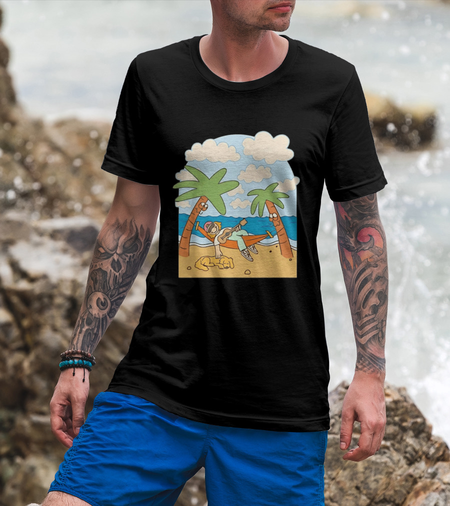 Hammock Guitar Player With Sleeping Dog On Tropical Beach Scene T-Shirt