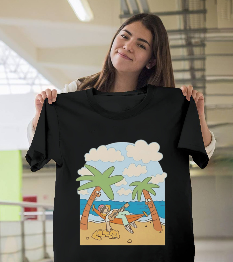 Hammock Guitar Player With Sleeping Dog On Tropical Beach Scene T-Shirt