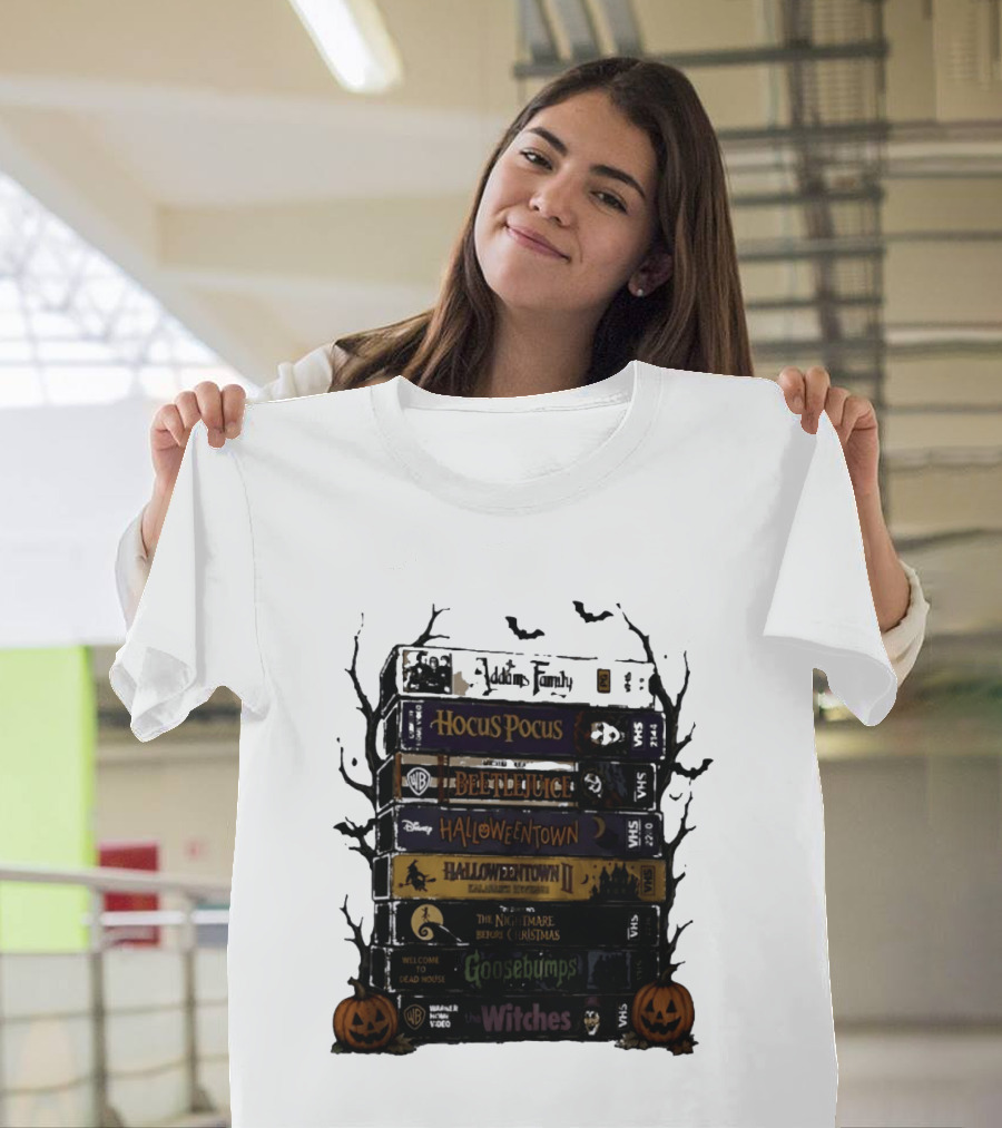 The Addams Family Hocus Pocus Beetlejuice Halloweentown Halloween II The Nightmare Before Christmas Goosebumps The Witches VHS Stack T-Shirt