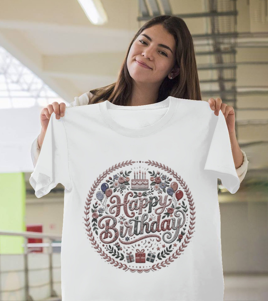 Happy Birthday Cake Balloons Wreath Celebration T-Shirt