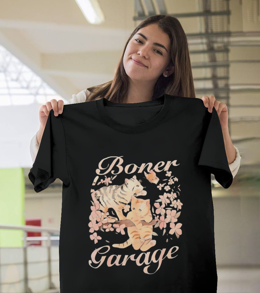 Boner Garage Cats Cherry Blossoms And Butterfly T-Shirt