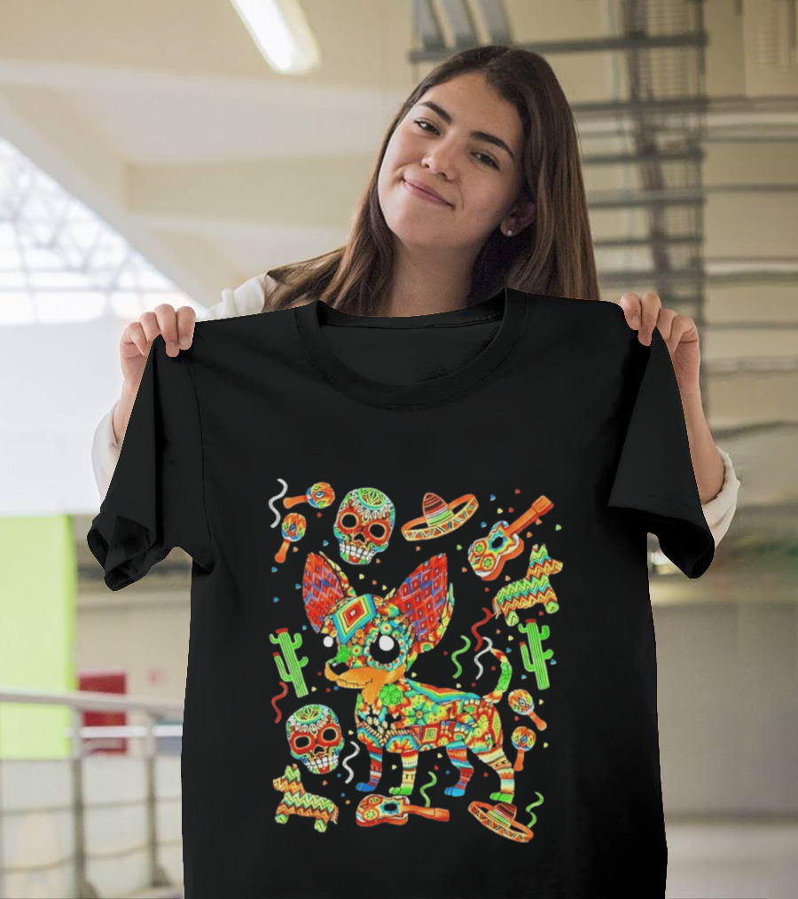 Fiesta Chihuahua Mexican Dia De Los Muertos Colorful Skull Sombrero Cactus Dog T-Shirt