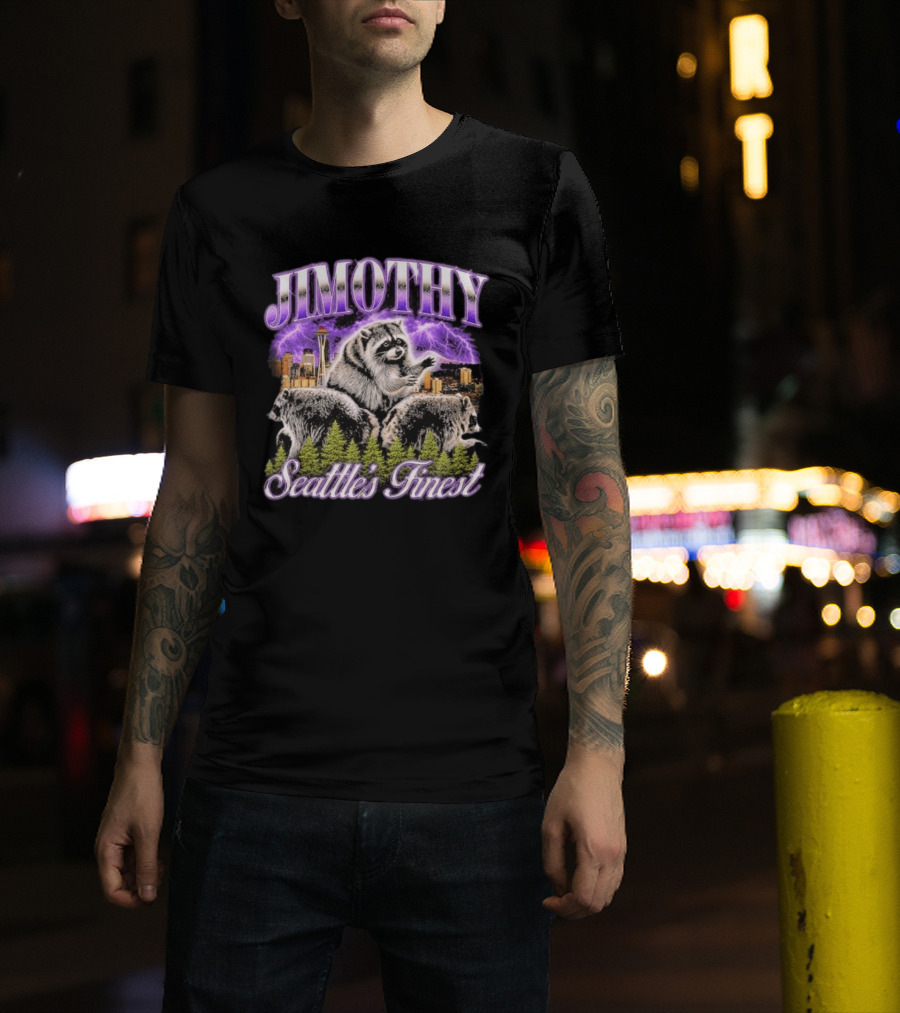 Jimothy Raccoon Seattle's Finest Purple Lightning Skyline And Forest T-Shirt