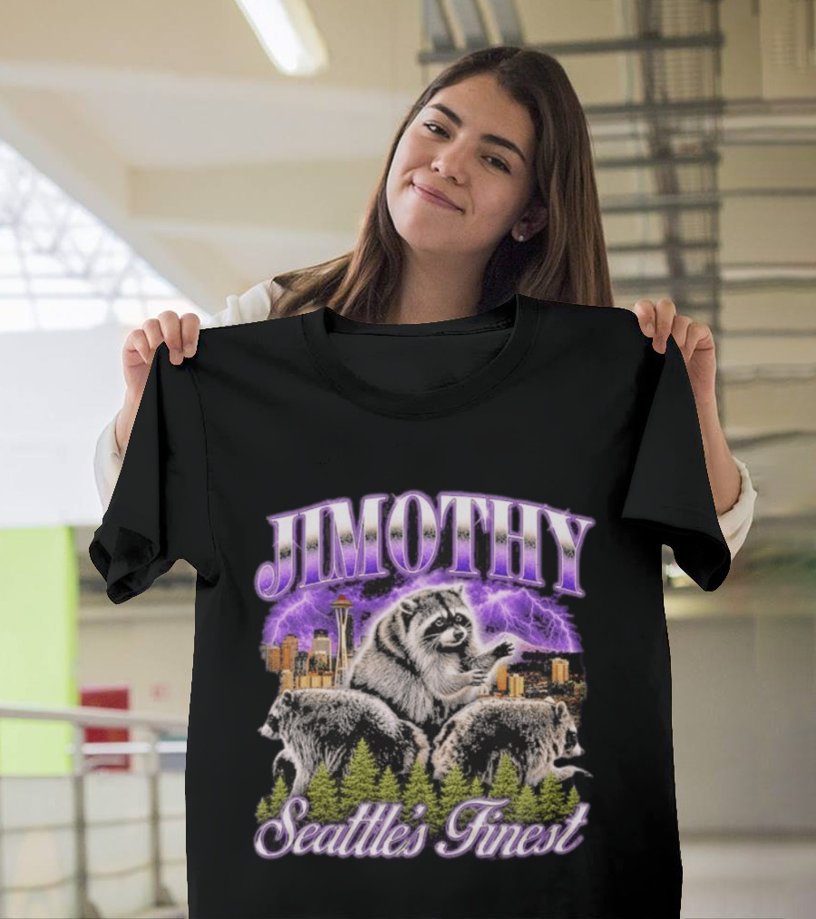 Jimothy Raccoon Seattle's Finest Purple Lightning Skyline And Forest T-Shirt