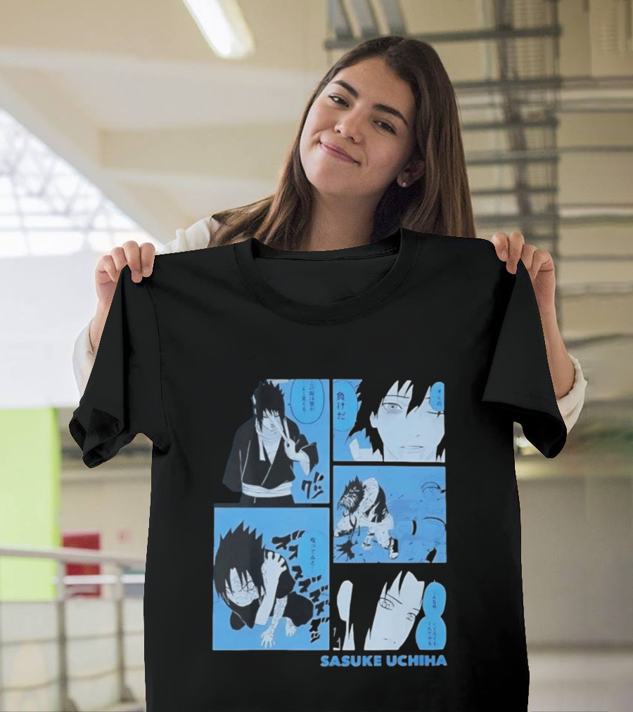 Sasuke Uchiha Cursed Seal Battle Manga Panels Blue Version T-Shirt