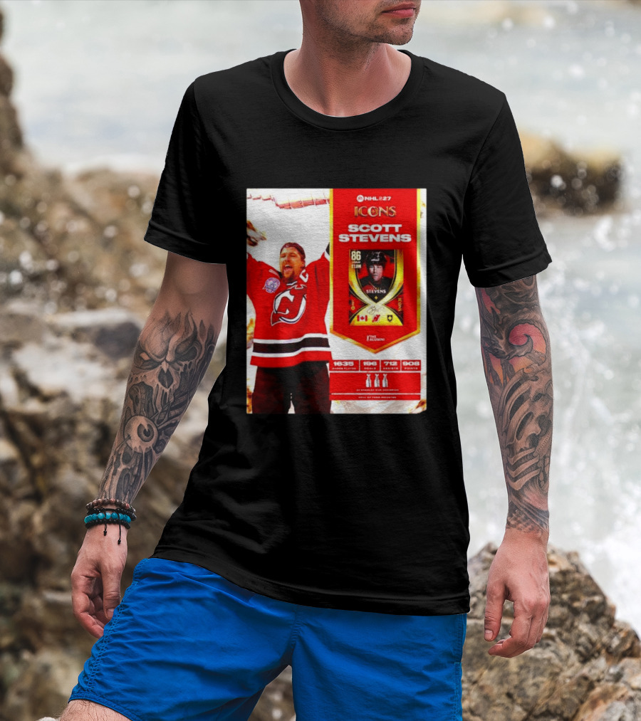 NHL 27 Icons Scott Stevens New Jersey Devils Hall Of Fame Legend T-Shirt