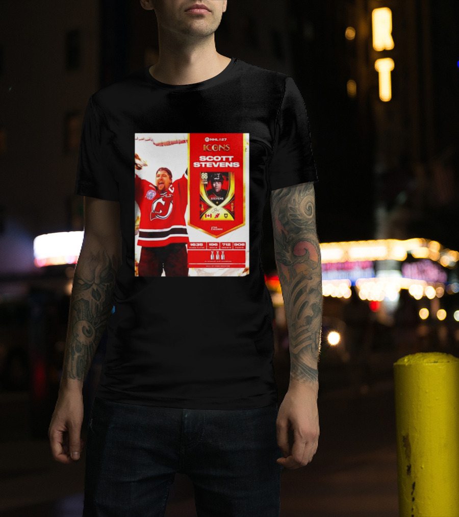 NHL 27 Icons Scott Stevens New Jersey Devils Hall Of Fame Legend T-Shirt