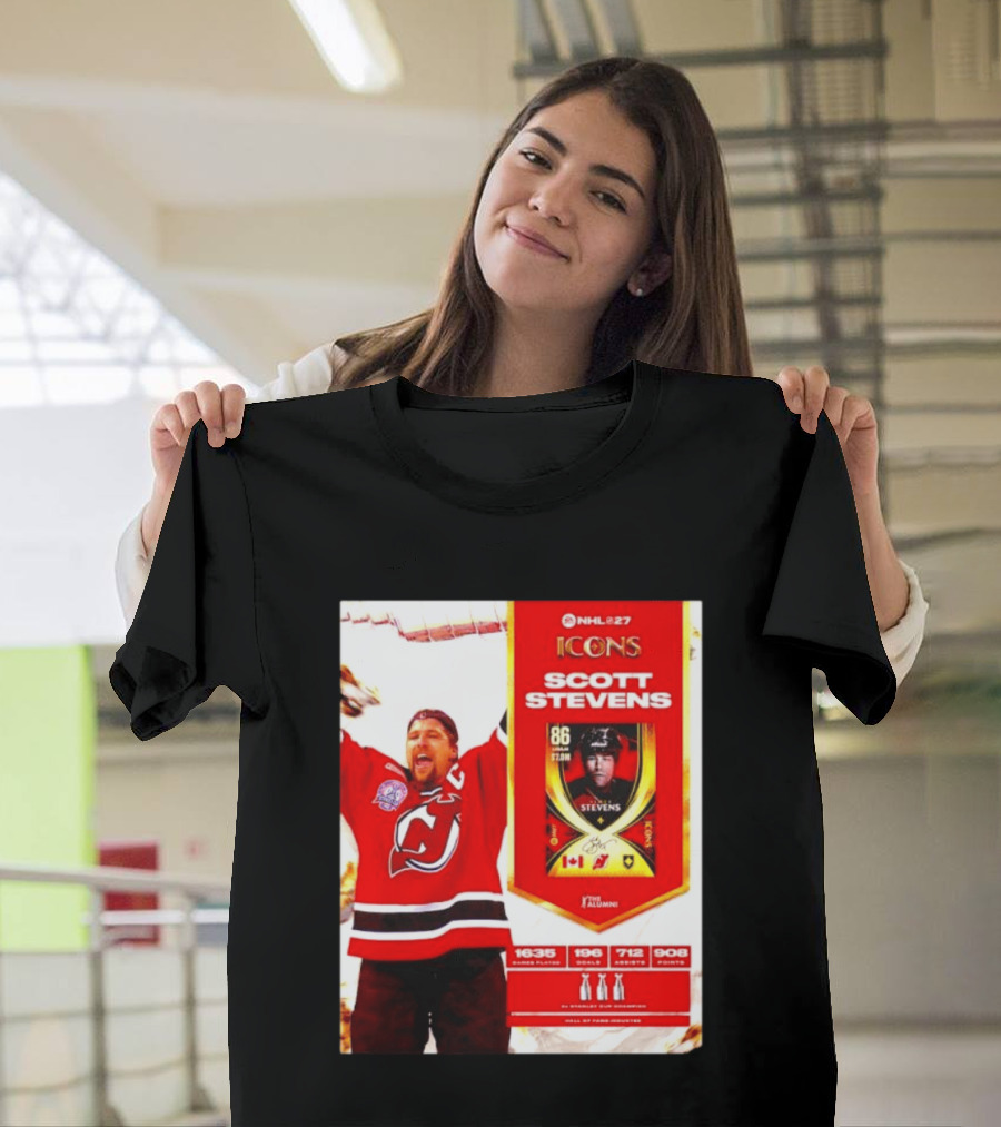 NHL 27 Icons Scott Stevens New Jersey Devils Hall Of Fame Legend T-Shirt