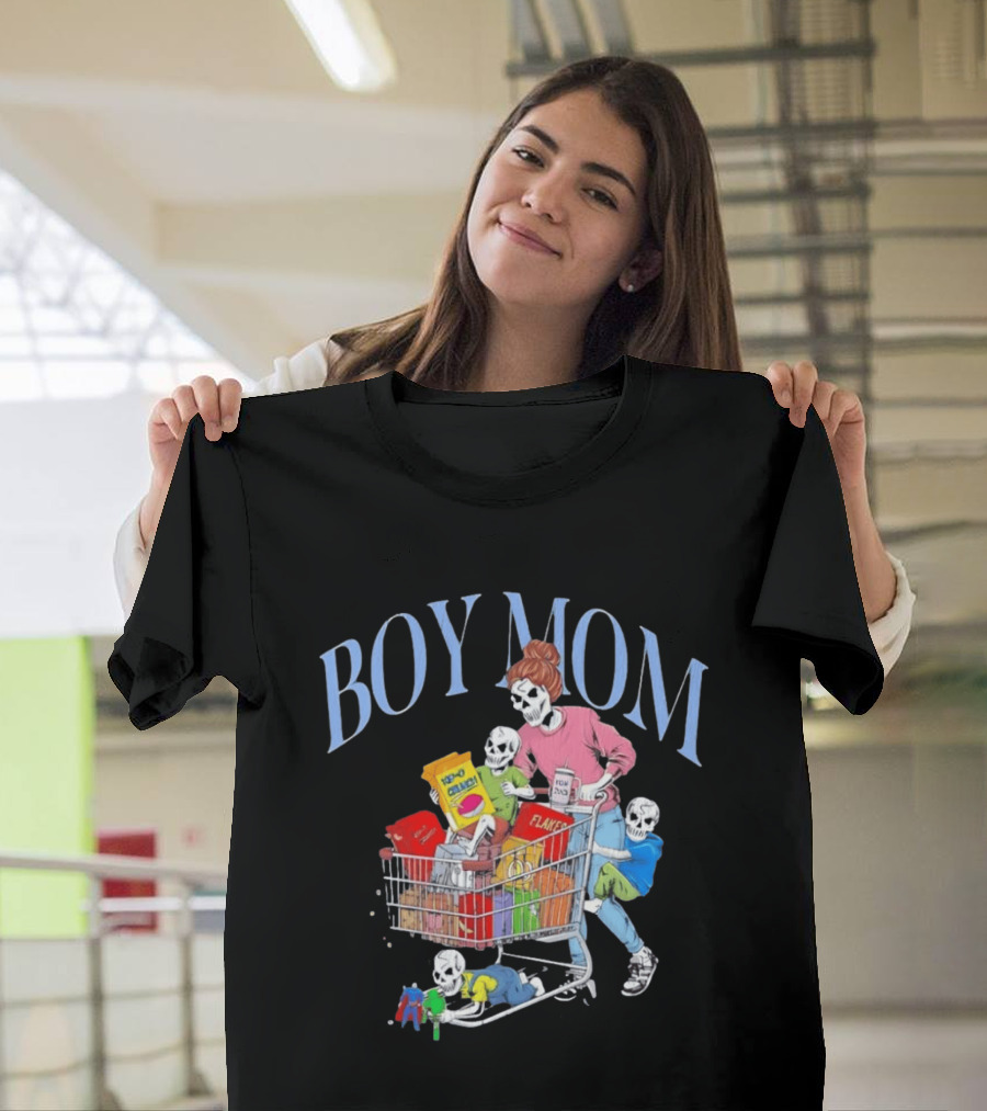 Boy Mom Skeleton With Kids Pushing Shopping Cart Eating Cereal T-Shirt