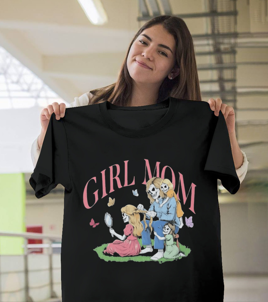 Girl Mom Skeleton Mother Braiding Hair With Daughters And Butterflies T-Shirt