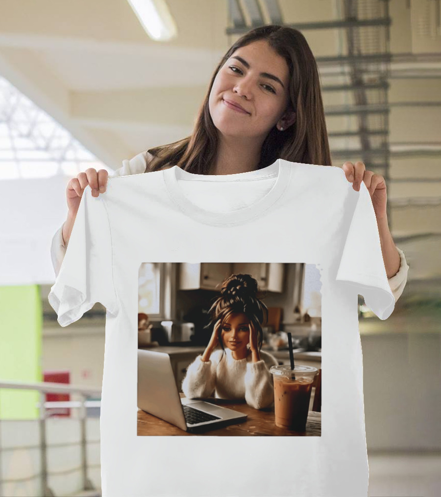 Crashing Out Barbie Girl With Coffee And Laptop Vibes T-Shirt