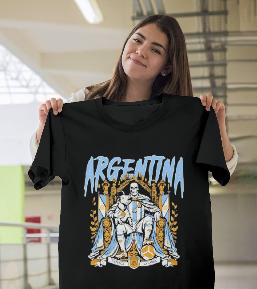 Argentina Lionel Messi La Pulga La Cabra Goat Skeleton Throne AFA Soccer T-Shirt