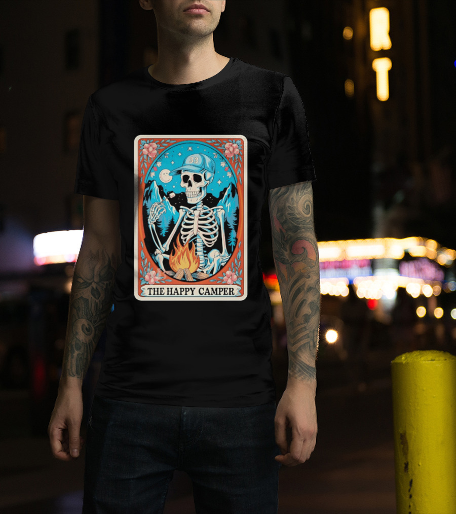 The Happy Camper Skeleton 33 Marshmallow Campfire Scene T-Shirt