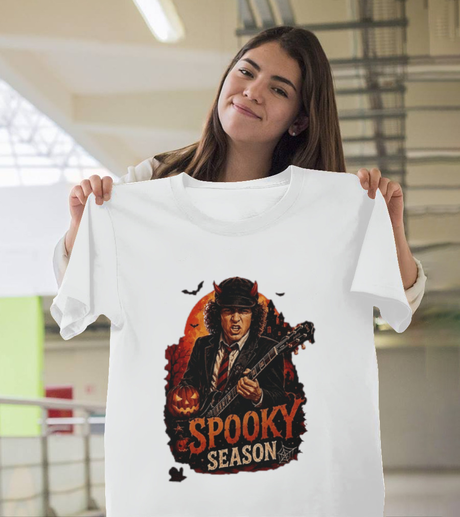 Spooky Season Angus Young Halloween AC DC Inspired Pumpkin Guitar T-Shirt