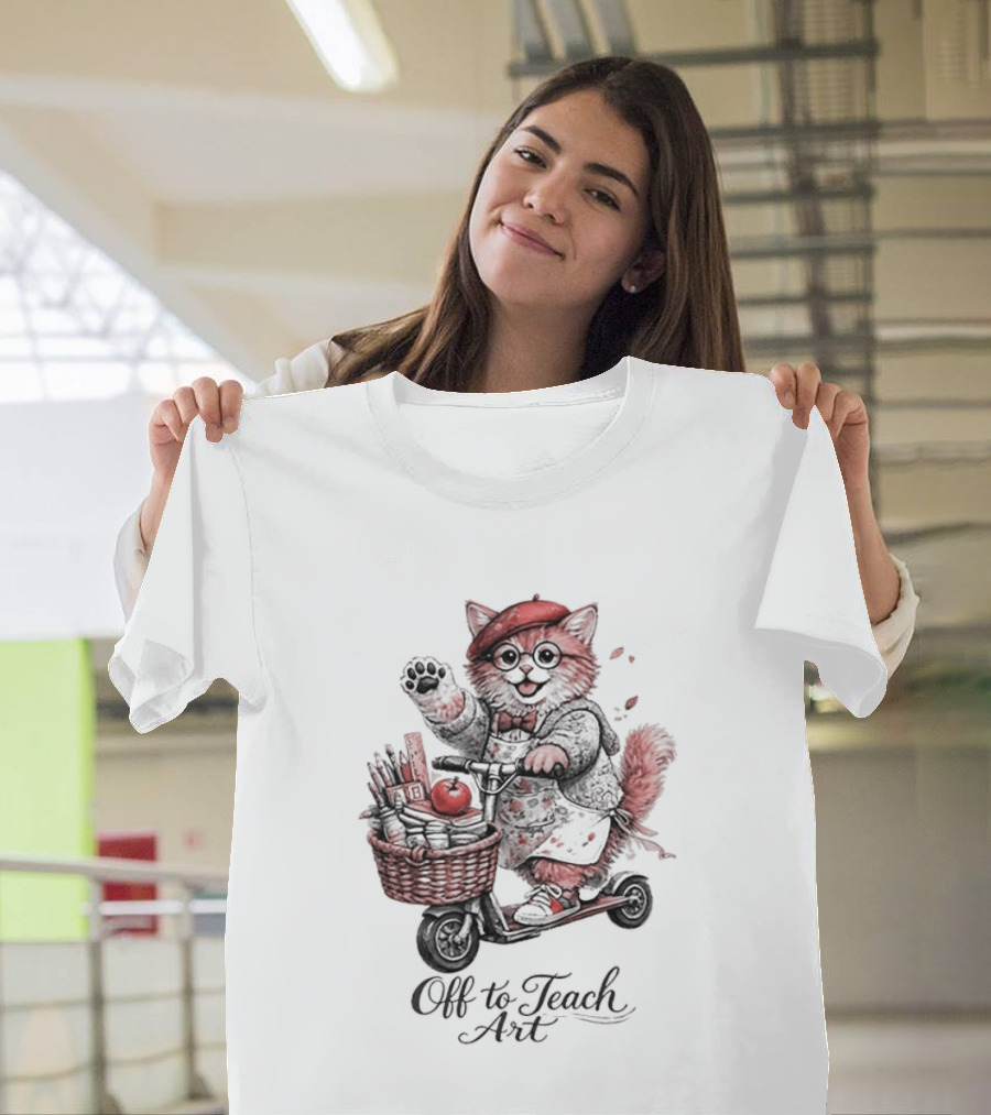 Off To Teach Cat On Scooter With Art Supplies And Apple T-Shirt