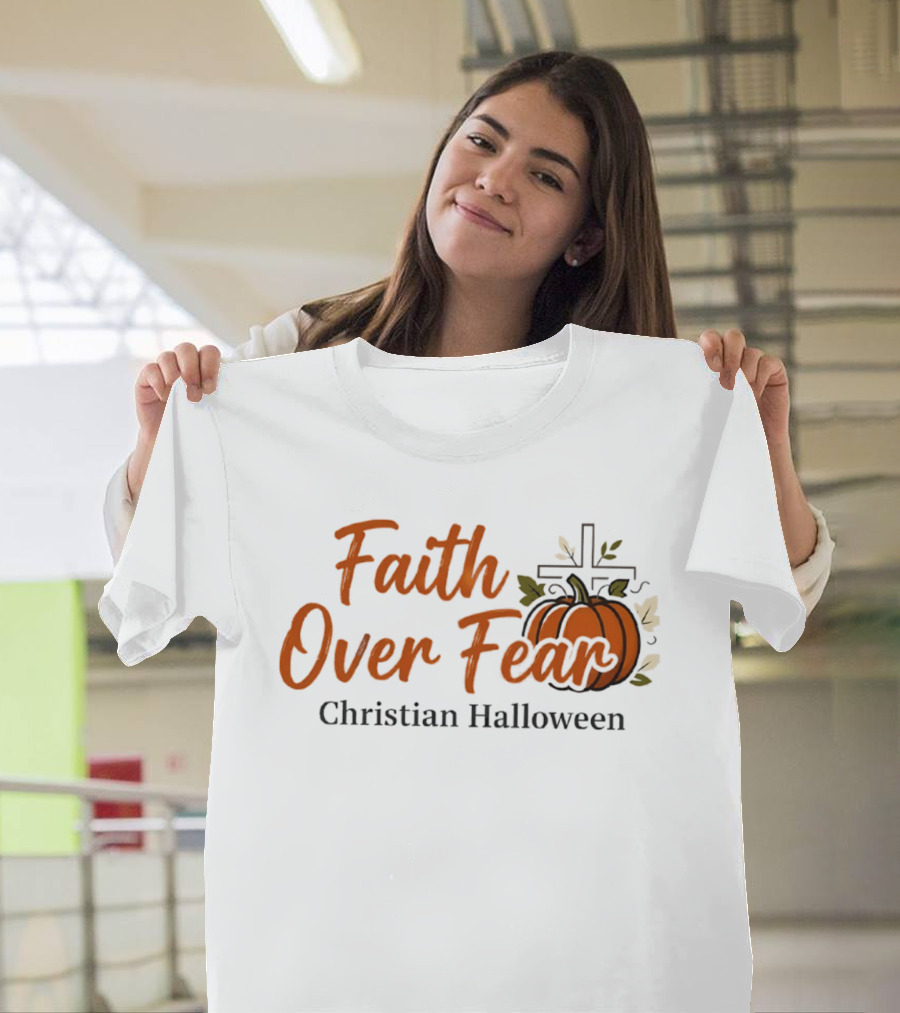 Faith Over Fear Christian Halloween Pumpkin Cross T-Shirt