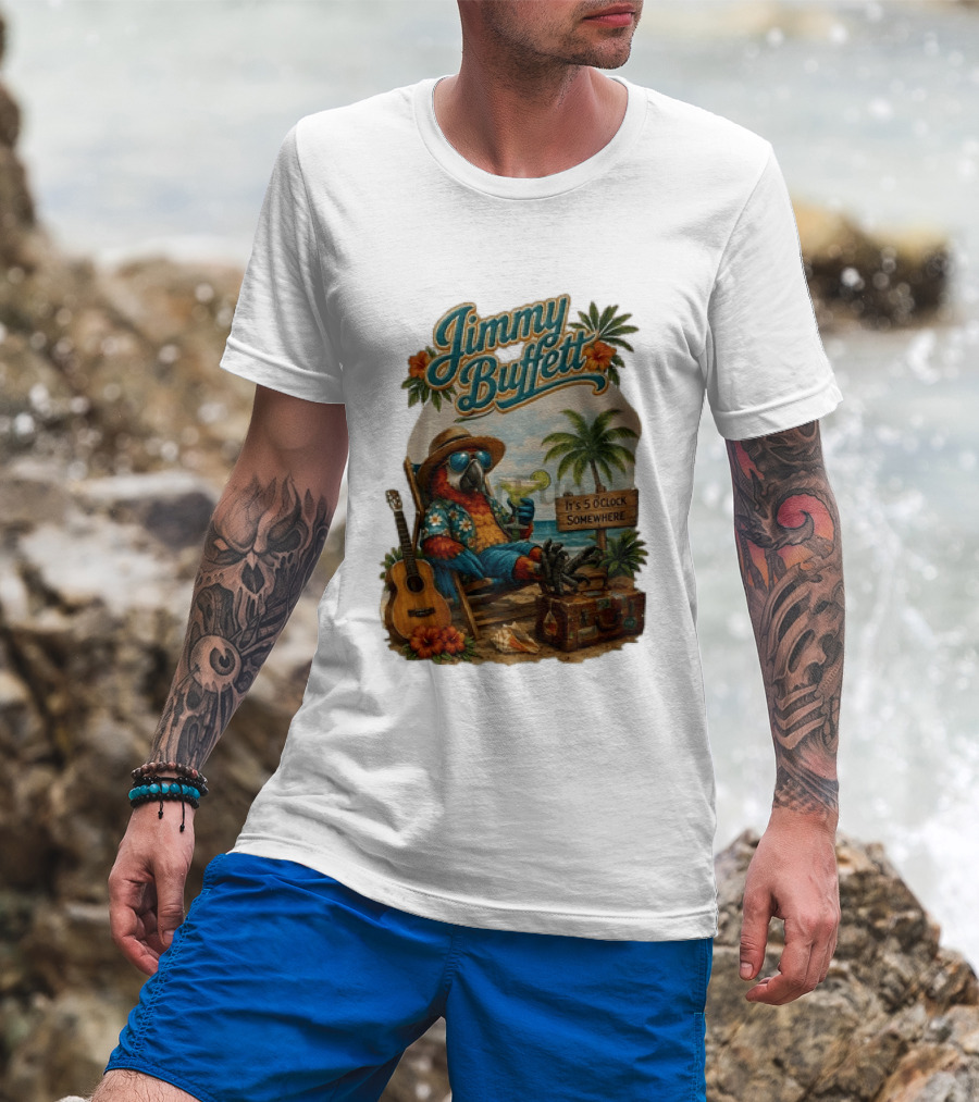 Jimmy Buffett It's 5 O' Somewhere Tropical Parrot Beach Guitar Cocktails Palm Trees T-Shirt