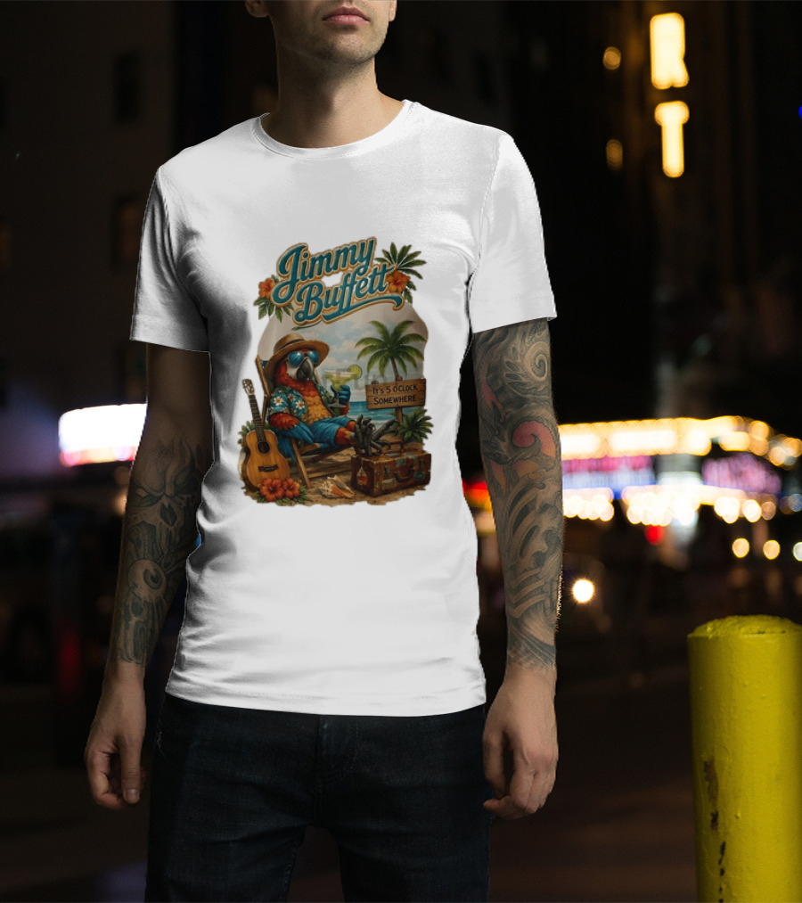Jimmy Buffett It's 5 O' Somewhere Tropical Parrot Beach Guitar Cocktails Palm Trees T-Shirt