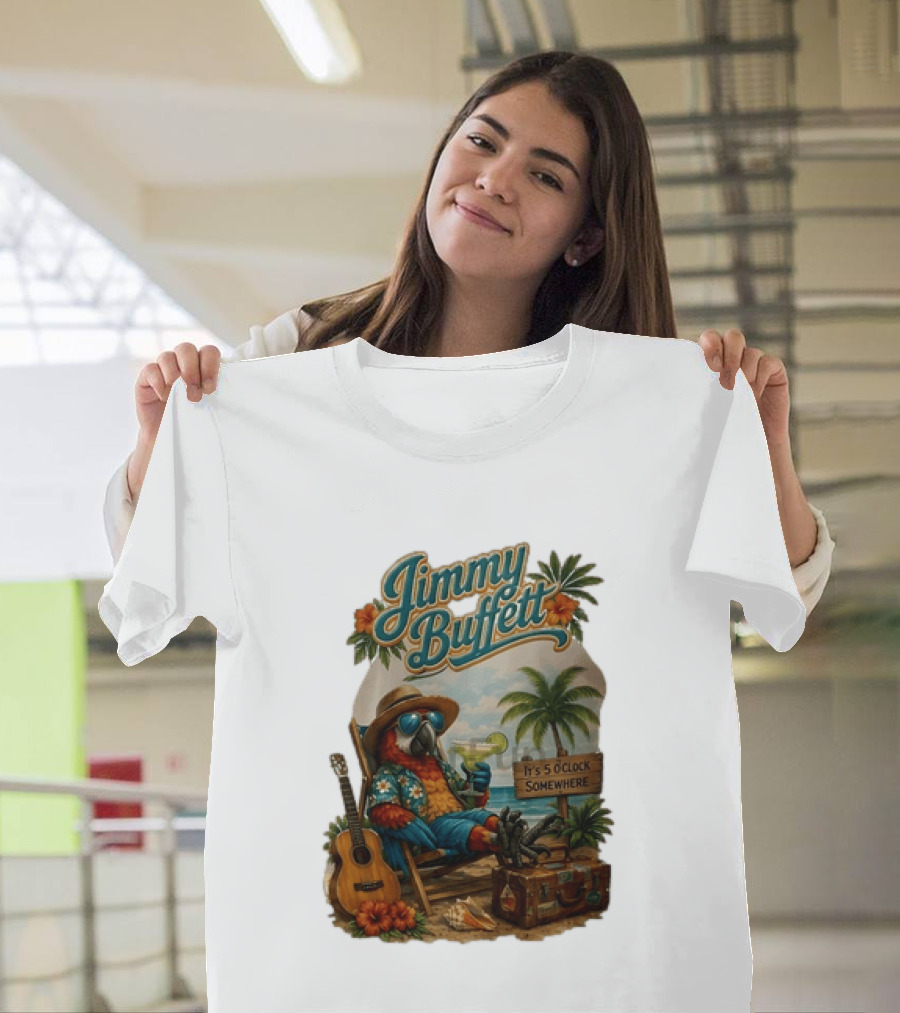 Jimmy Buffett It's 5 O' Somewhere Tropical Parrot Beach Guitar Cocktails Palm Trees T-Shirt