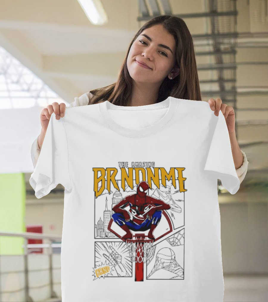 The Amazing Brndnme Spider Man Squatting On Basketball Hoop Cityscape Comic Panels T-Shirt