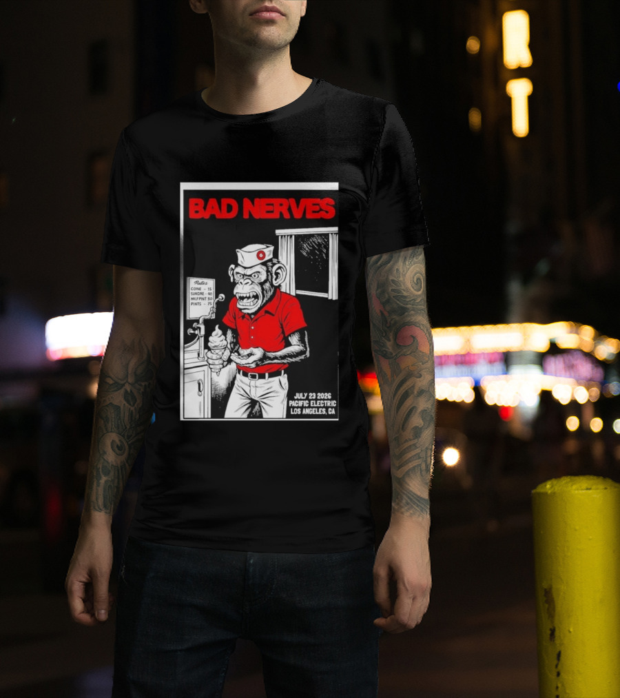 Bad Nerves July 23 2026 Pacific Electric Los Angeles Monkey Ice Cream Server Comic T-Shirt