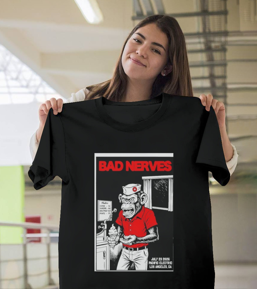 Bad Nerves July 23 2026 Pacific Electric Los Angeles Monkey Ice Cream Server Comic T-Shirt