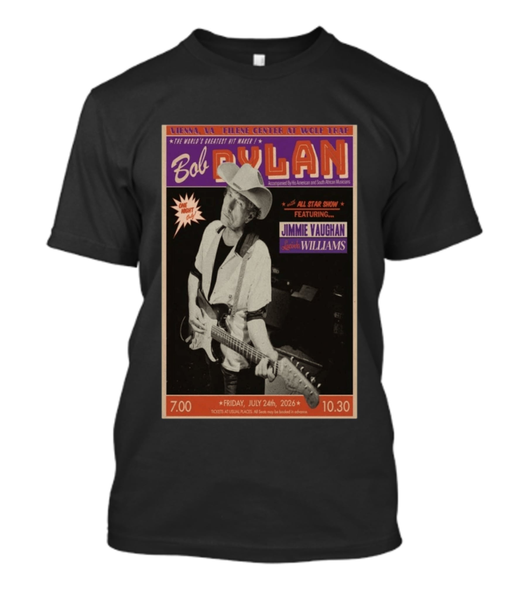 Bob Dylan July 24 2026 Vienna Virginia Filene Center Wolf Trap Jimmie Vaughan Lucinda Williams Concert T-Shirt