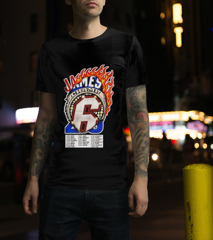 LeBron James Champ 6 Milestone Dates Cleveland Miami Los Angeles 2012 2013 2016 2020 T-Shirt