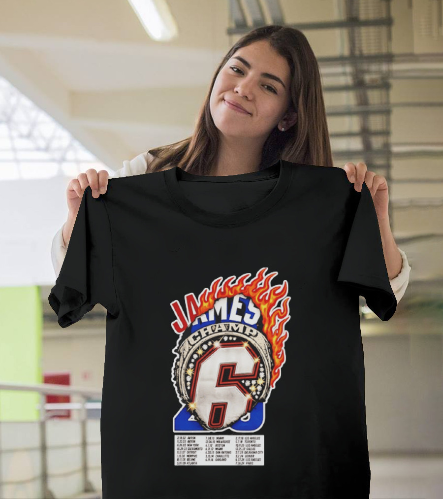 LeBron James Champ 6 Milestone Dates Cleveland Miami Los Angeles 2012 2013 2016 2020 T-Shirt