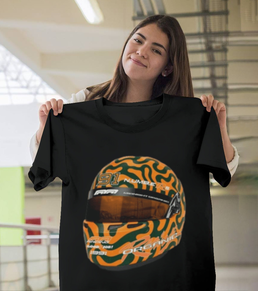 Midnight Organic Store Formula Helmet 91 Number 1991 RPM Orange Green T-Shirt