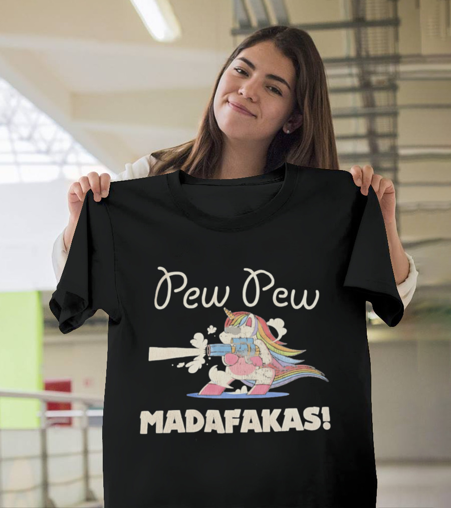 Pew Pew Madafakas Distressed Unicorn Funny Meme T-Shirt