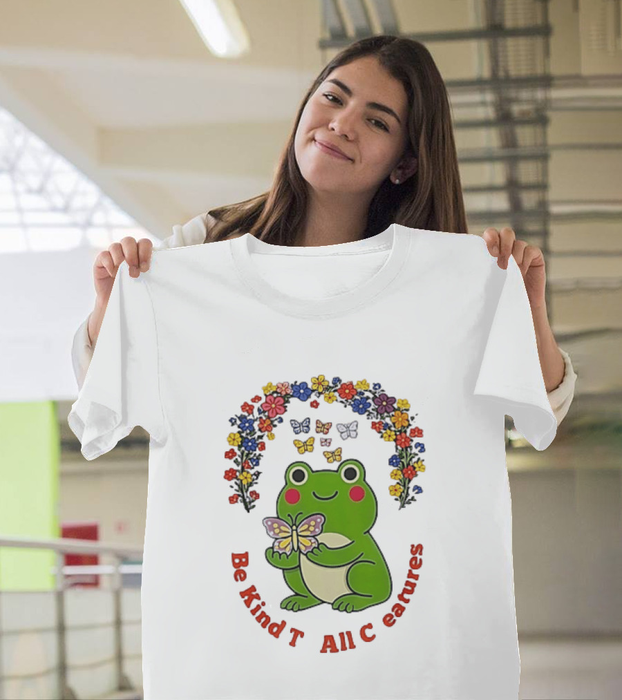 Be Kind To All Creatures Frog Butterfly Floral Rainbow T-Shirt