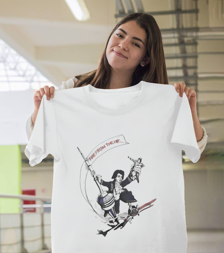 Fire From The Hip Surrealist Surreal Gun Wielding Figure Banner T-Shirt