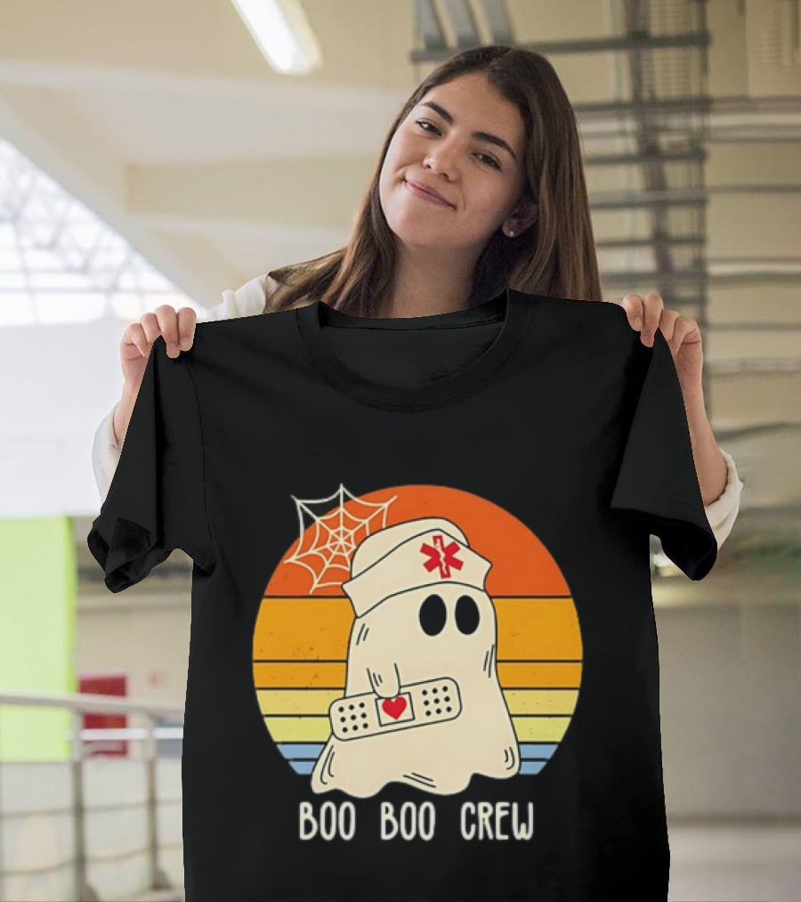 Boo Boo Crew Ghost Nurse Halloween Bandage Heart Spiderweb T-Shirt