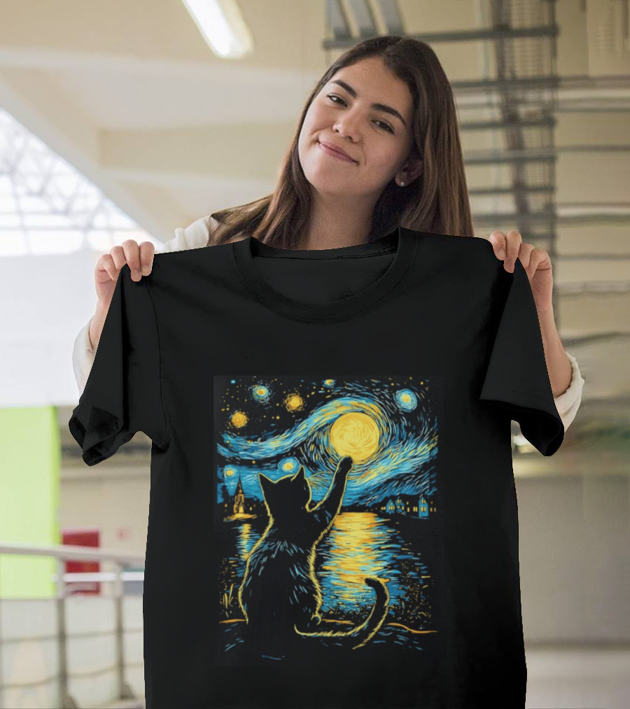 Cat Reaching For The Moon Starry Night Van Gogh Inspired Scene T-Shirt