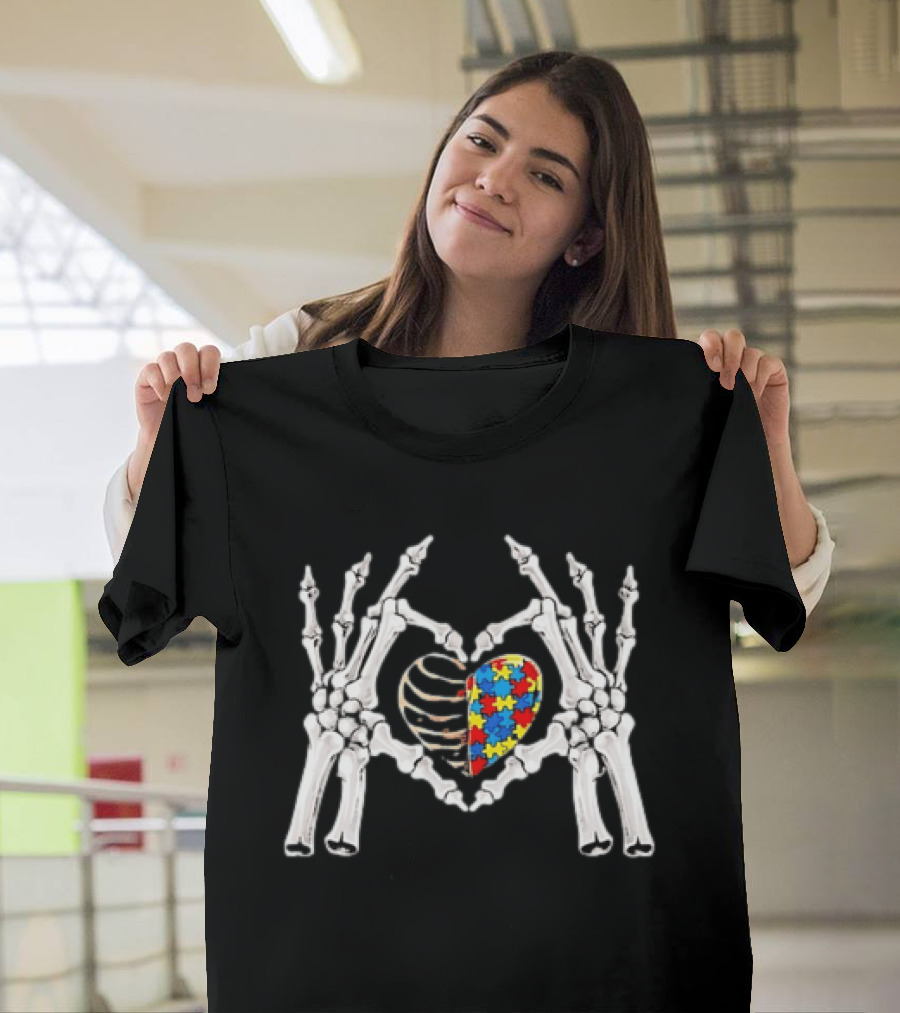 Skeleton Hands Heart Autism Puzzle Piece Awareness T-Shirt