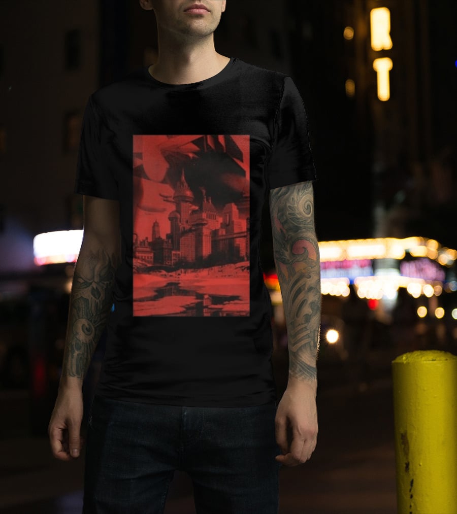 The Barbarians Of California Megatons Pull Retro Futuristic Cityscape Airships T-Shirt