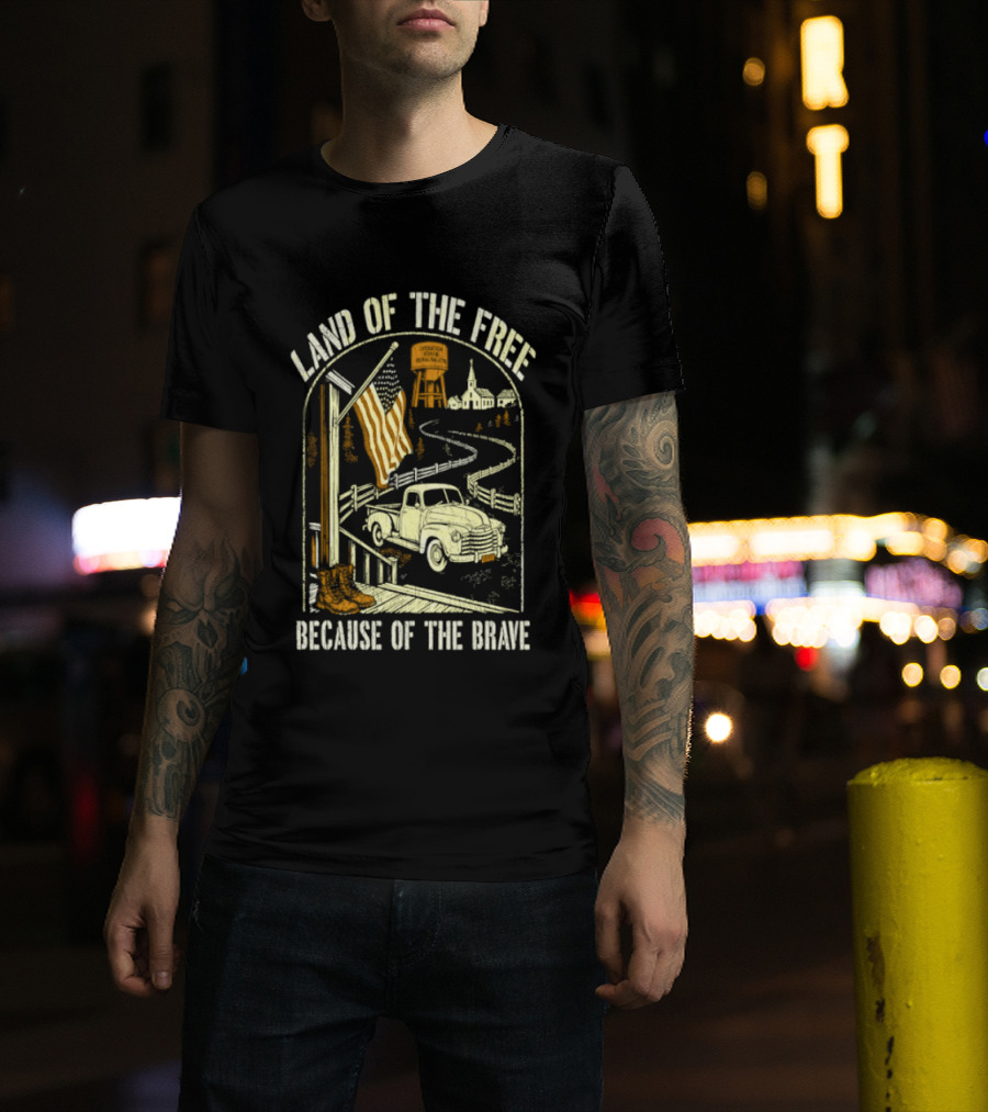 Land Of The Free Because Of The Brave American Patriotic Farm Truck With Flag And Country Landscape T-Shirt