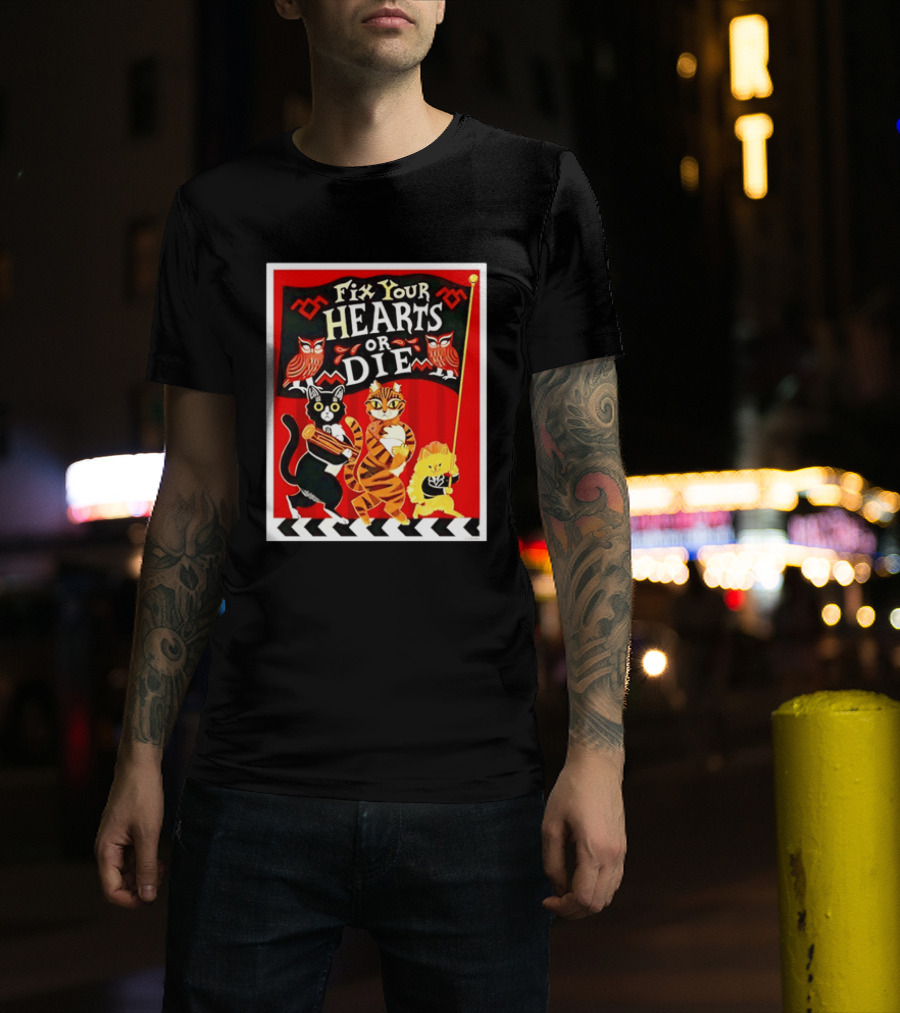 Twin Peaks Cats Fix Your Hearts Or Die David Lynch Owls Red Banner T-Shirt
