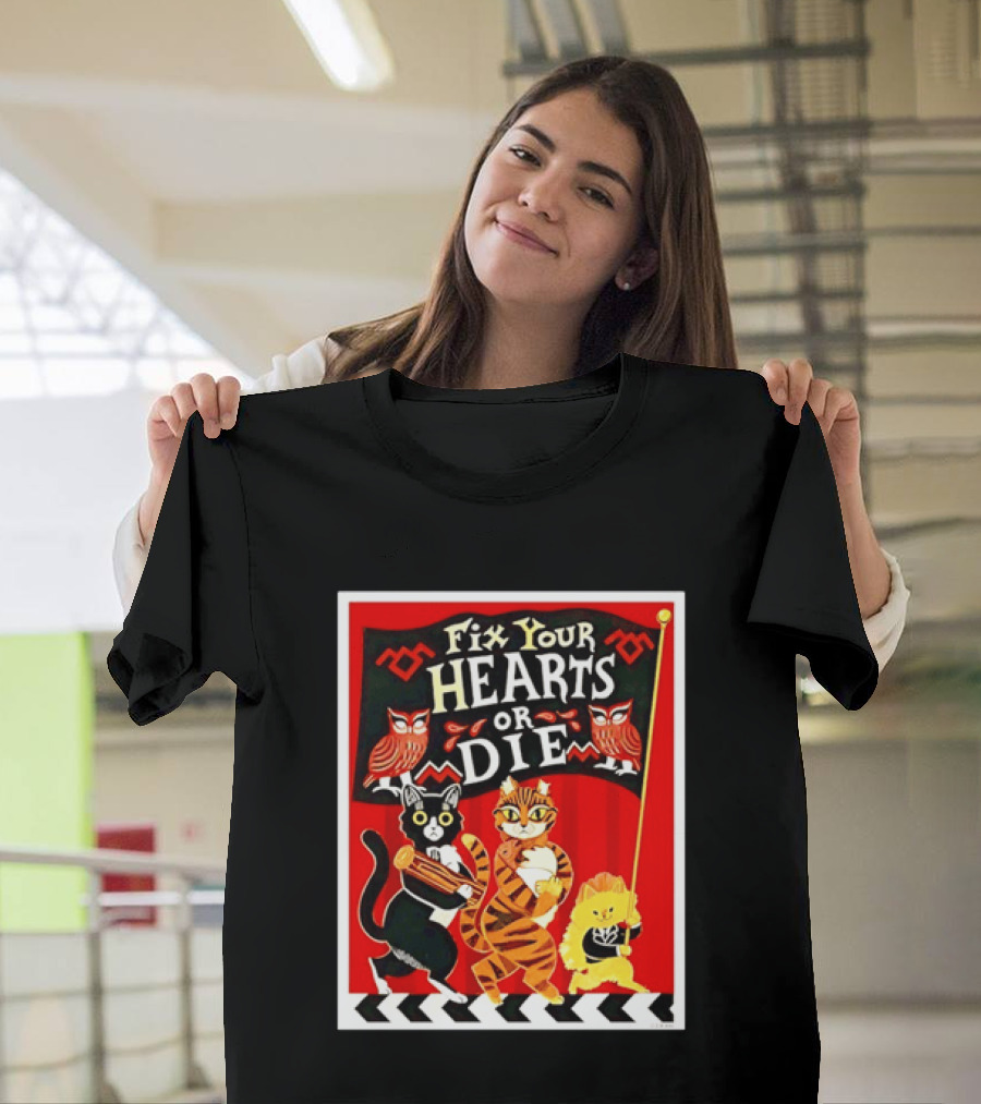 Twin Peaks Cats Fix Your Hearts Or Die David Lynch Owls Red Banner T-Shirt