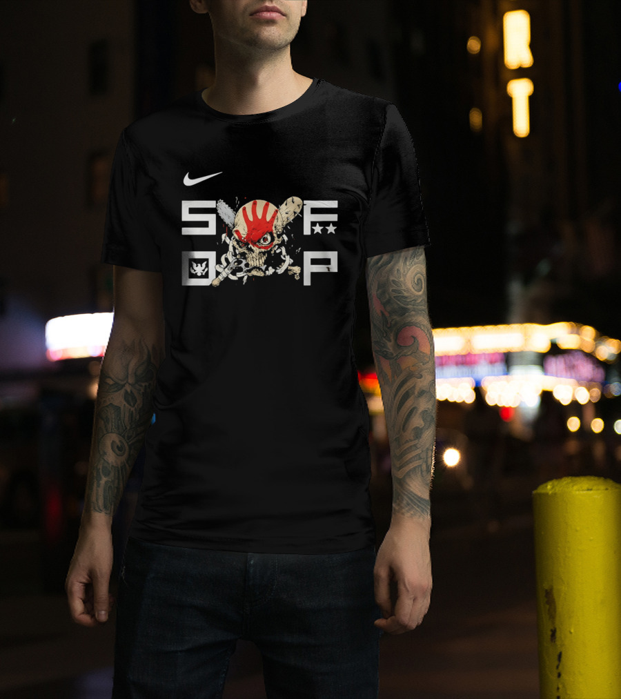 SDFP Skull Chains Brass Knuckles Design With Nike Logo And Red Handprint T-Shirt