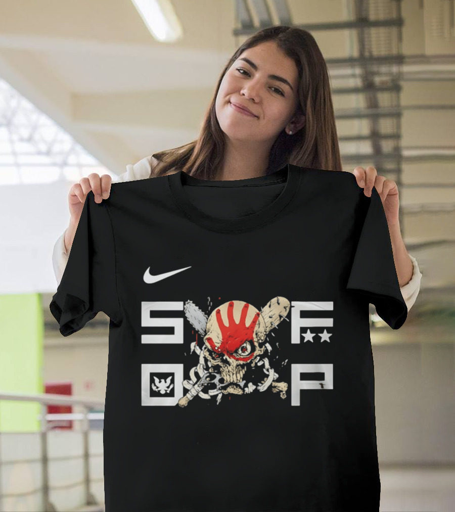 SDFP Skull Chains Brass Knuckles Design With Nike Logo And Red Handprint T-Shirt