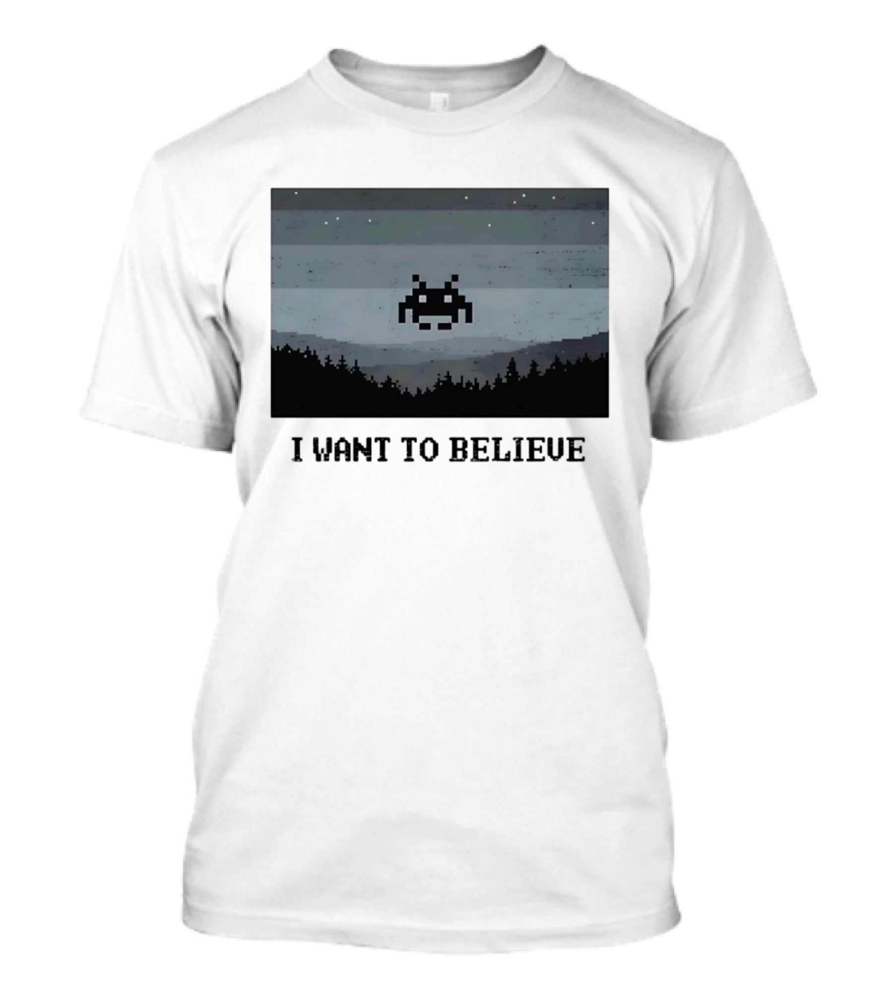 I Want To Believe Space Invader Pixel UFO Forest Scene T-Shirt
